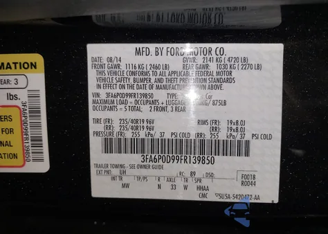 2015 Ford Fusion Titanium z USA, uszkodzony, nr VIN 3FA6P0D99FR139850